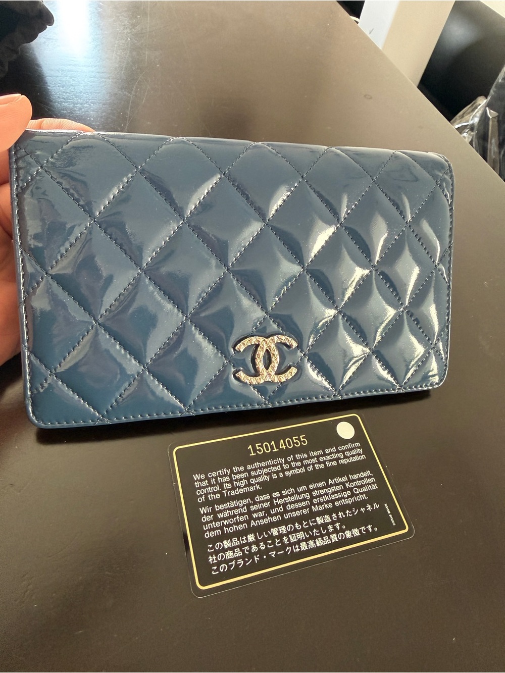 CHANEL Patent Quilted Wallet in Deep Blue with Silver CC